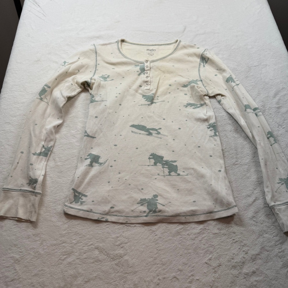 Hatley Henley Top Womens Small Cream Good Skiing Moose Thermal Waffle Knit